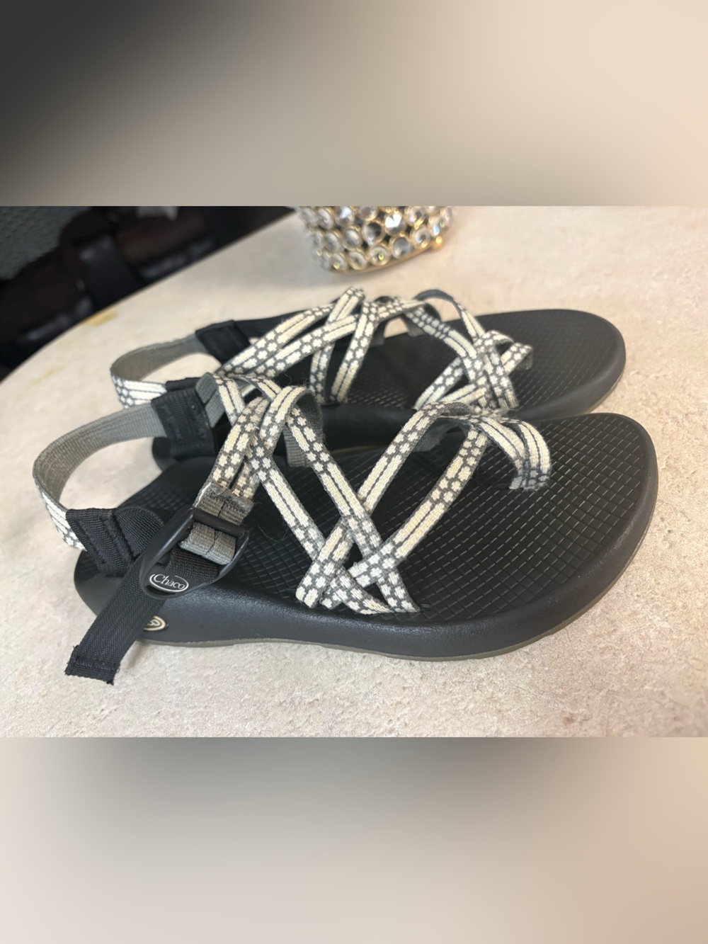 Chaco Women's Black Sandals with White Patterned Straps